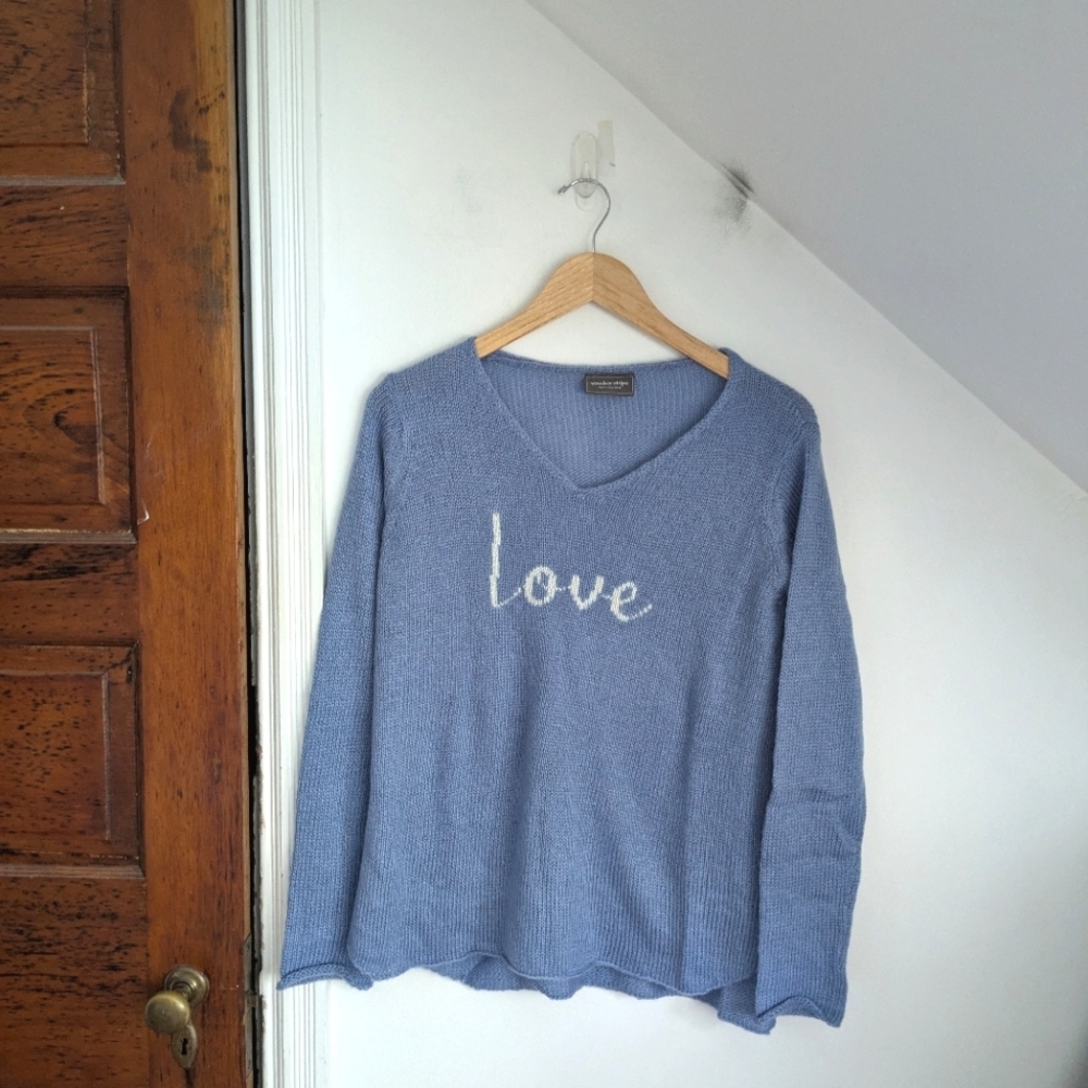 WOODEN SHIPS Blue Love Script Lightweight Mohair Wool Blend Sweater Size XS/S